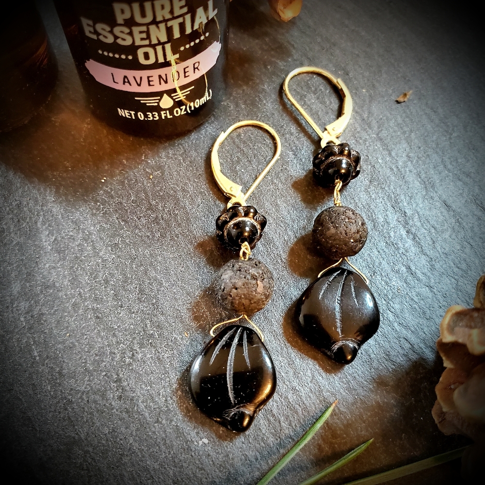 14KY Gold Dangle Earrings Lava Stone Oil Diffuser